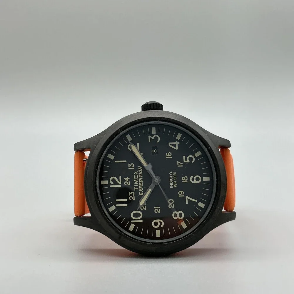 Timex Expedition Mens Watch 43mm Black Dial Orange Silicone Indiglo Date WR 50M
